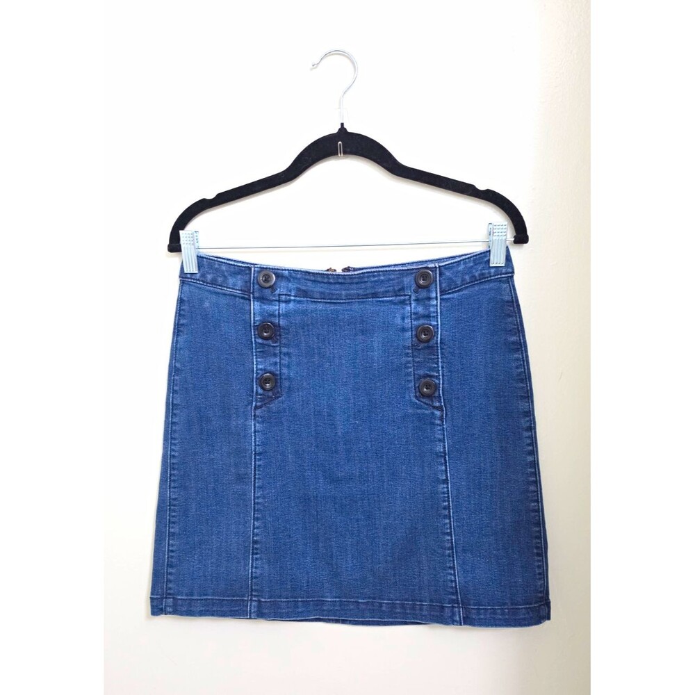 LOFT Skirt Womens 8P Petite Blue Denim Sailor Button A Line Mini Nautical